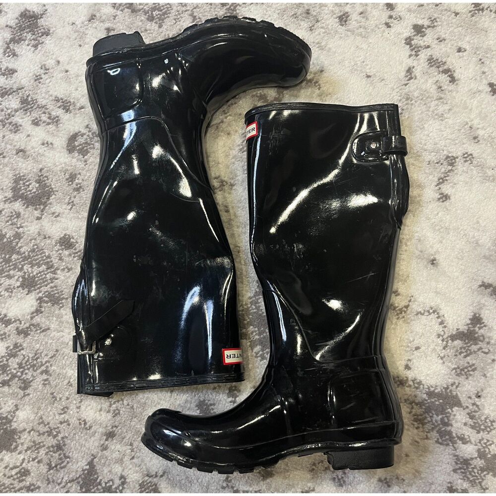 Hunter Women's Original Tall Gloss Waterproof Rain Boots Galoshes BLACK Sz 10